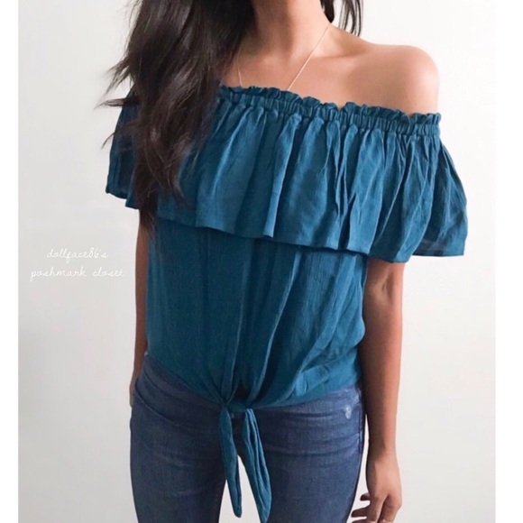 Express Tops - * Express Blue Off Shoulder Tied Waist Top